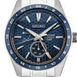 Elegant Seiko Presage watch with blue dial, stainless steel case, and GMT functionality.