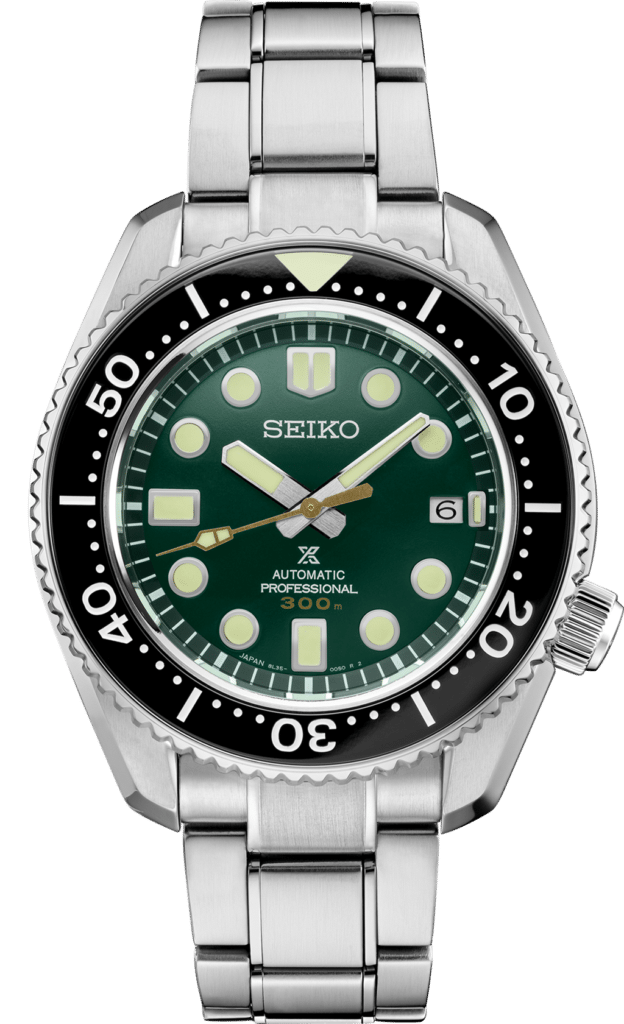 Seiko dive watch with deep green dial, stainless steel bracelet, and 300m water resistance.