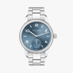 NOMOS Glashütte blue dial wristwatch with stainless steel case and elegant design.