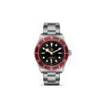 Tudor stainless steel wristwatch features a black dial, red bezel, and luminous markers for divers.