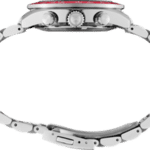 Sleek silver metal wristwatch with interlinked band, showcasing elegance and modern style.