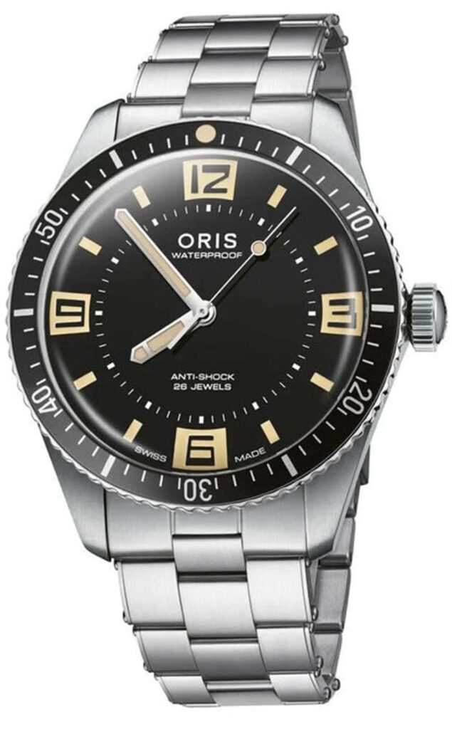 Oris stainless steel watch with black dial, luminous markers, and durable design for adventure.