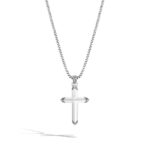 Sleek modern cross pendant necklace with intricate chain, perfect for casual and formal occasions.