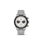 Tudor chronograph wristwatch with stainless steel, white dial, and black ceramic bezel.