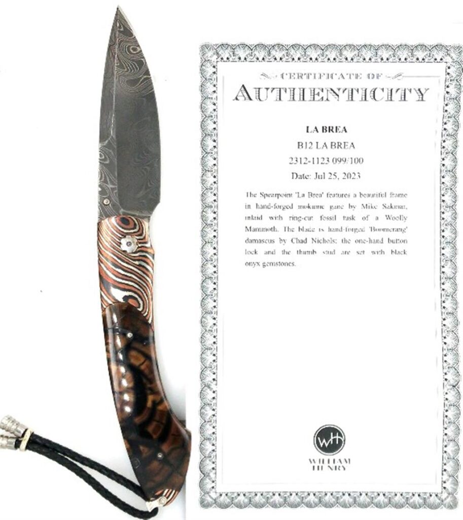 La Brea knife by Mike Sakmar features a Woolly Mammoth tusk handle and Damascus steel blade.