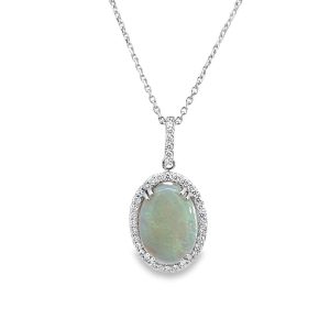 Elegant necklace with iridescent gemstone pendant and sparkling diamond halo, perfect for any occasion.