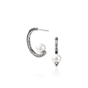 Elegant sterling silver hoop earrings with pearls, perfect for casual and formal occasions.