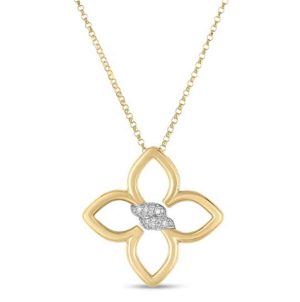Elegant yellow gold necklace with a floral pendant and diamond accents for any occasion.
