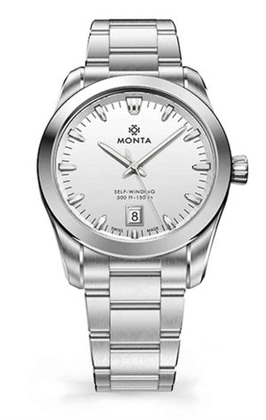 Monta stainless steel wristwatch features a sleek design with a white dial and automatic movement.